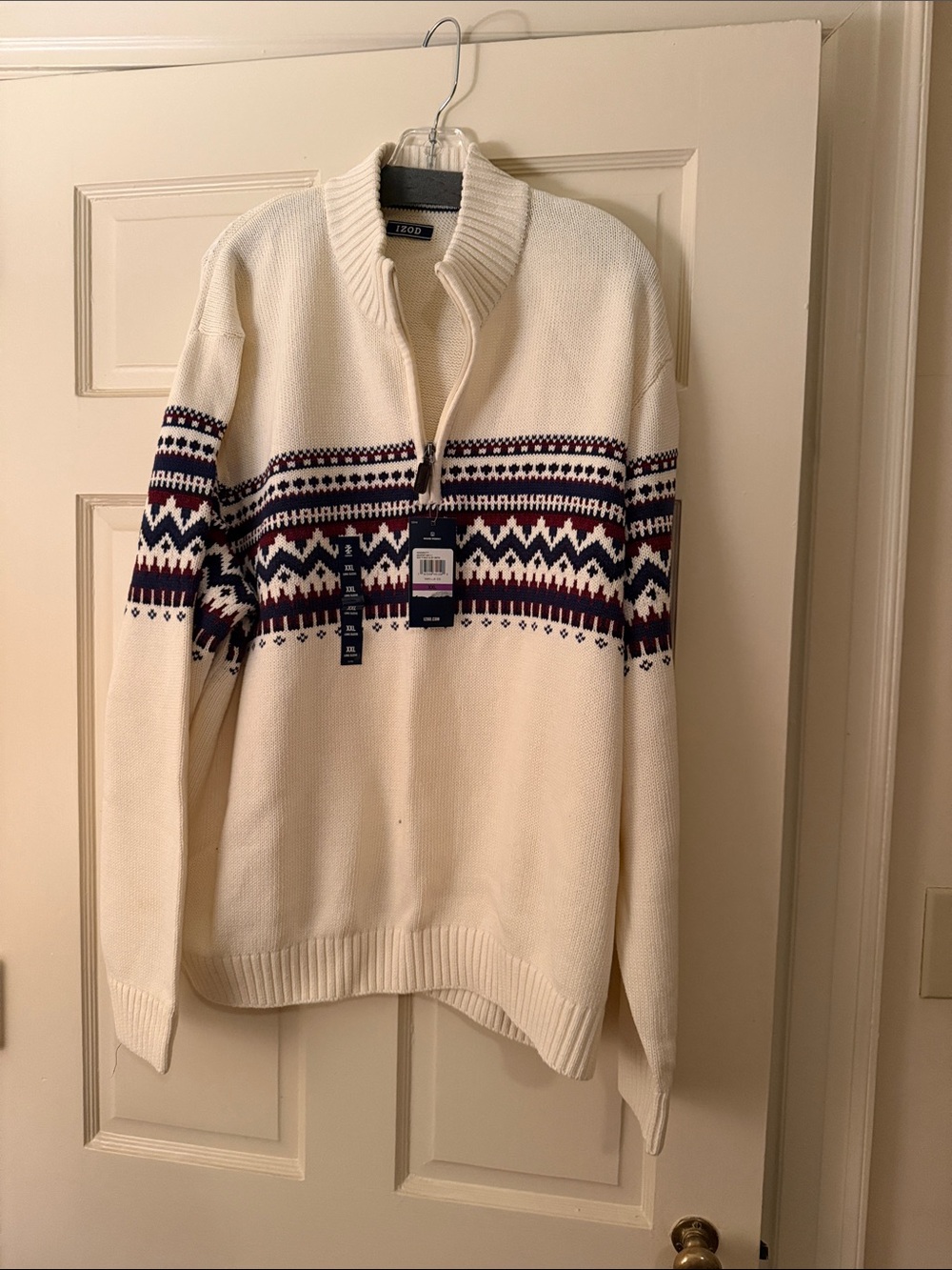 Izod Cream Fair Isle Zip-Up Sweater with Navy & Burgundy Pattern
